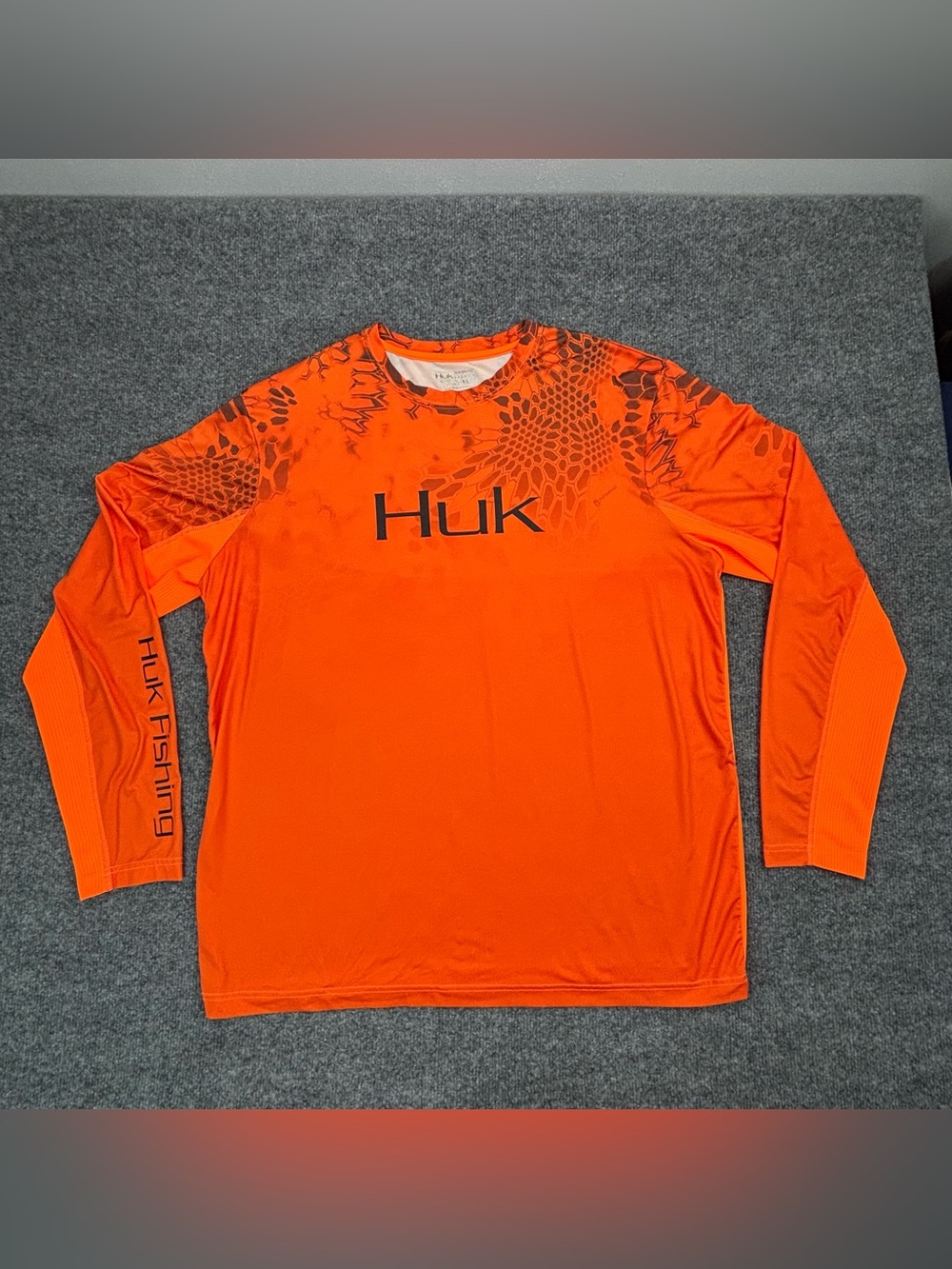 Huk Fishing Shirt Mens XL Orange Kryptek Camo Long Sleeve Performance UV Hunt - Picture 3 of 14
